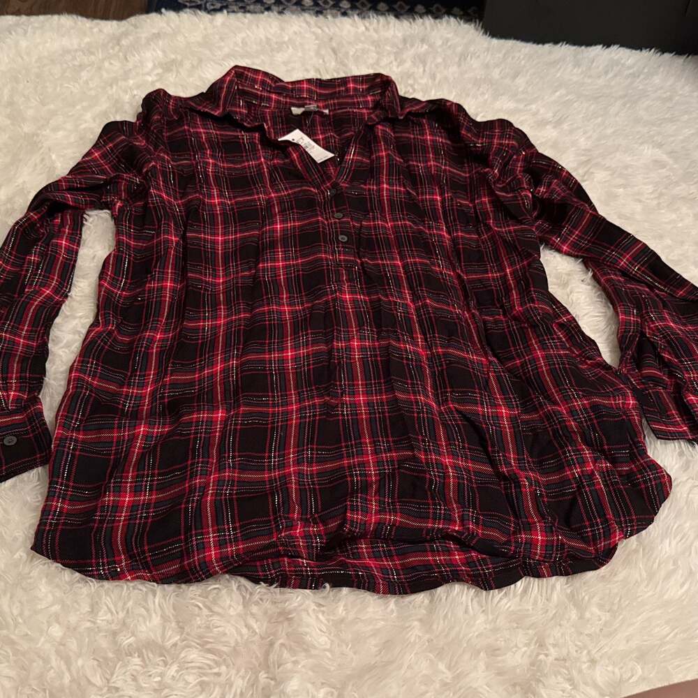LOFT Women's M Red Plaid Pop Over Blouse Top Collared Metallic Weave NEW